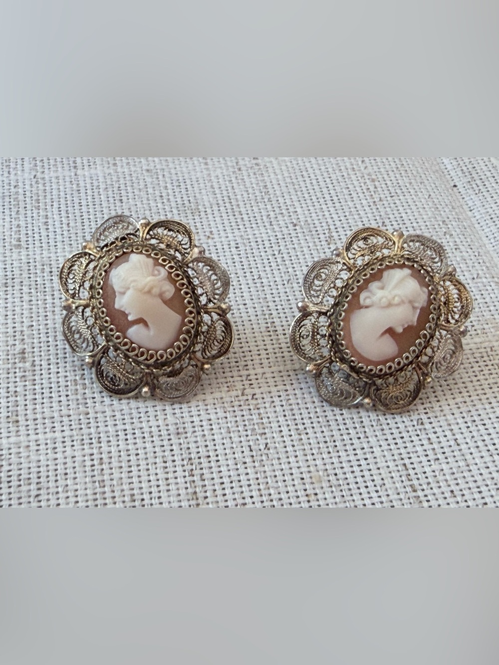 Vintage Italian Silver Filigree Shell Cameo Earrings • Non-Magnetic • Marked AME